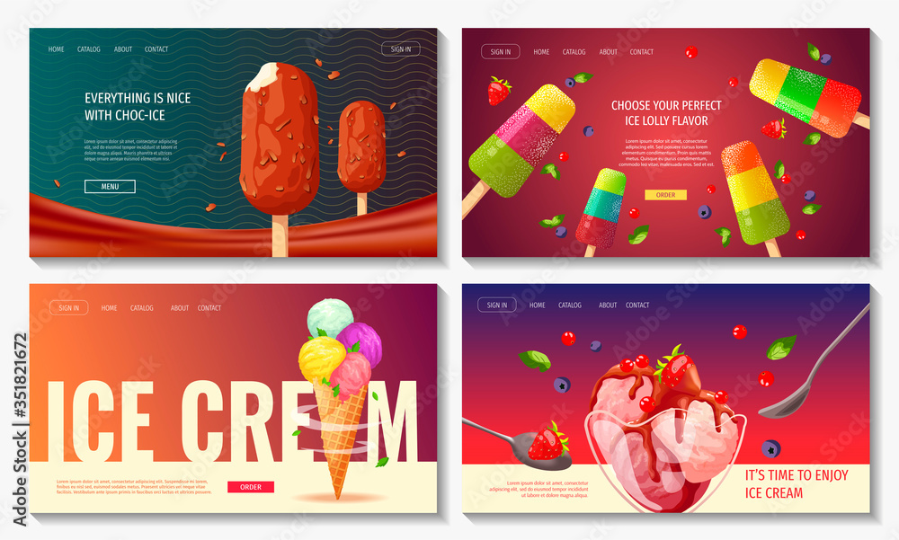 Set of web pages with various ice cream. Ice cream parlor or shop, Sweet products, Dessert concept. Vector illustration for poster, banner, website, advertisement, commercial, menu. 