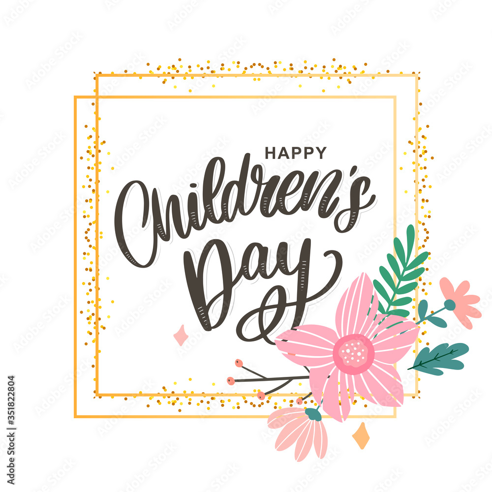 Naklejka premium happy children's day, cute vector greeting card with funny letters in scandinavian style and cartoon landscape