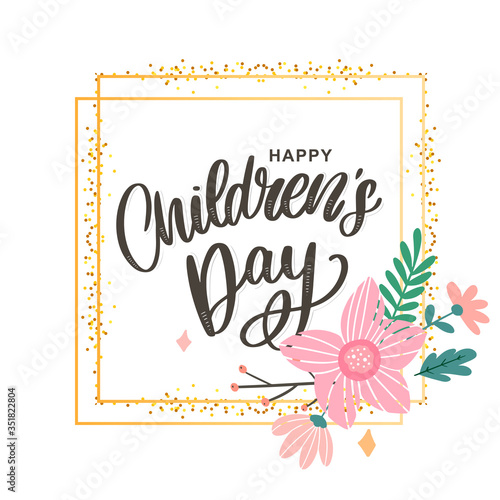 happy children s day  cute vector greeting card with funny letters in scandinavian style and cartoon landscape
