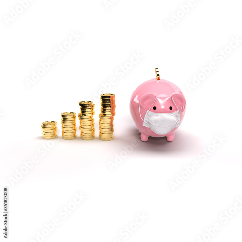 3d illustration of a masked piggybank next to a growth stack of coins on white isolated background front view (ID: 351823008)
