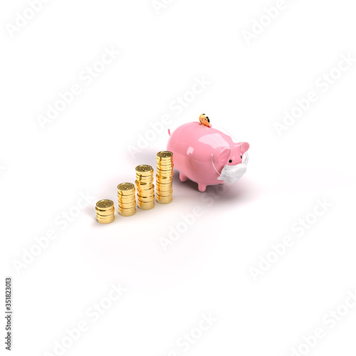3d illustration of a masked piggybank next to a growth stack of coins on white isolated background top 3-4th view (ID: 351823013)