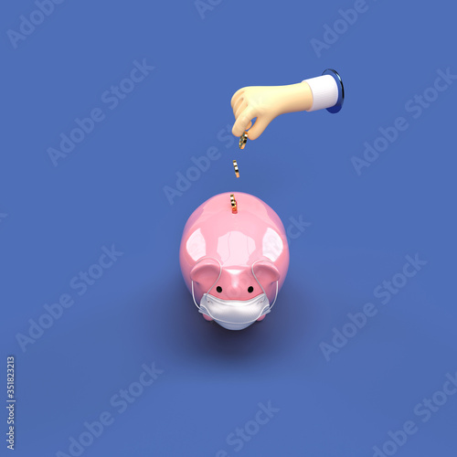 3d illustration of a hand dropping coin in a masked piggybank on blue isolated background front top view (ID: 351823213)