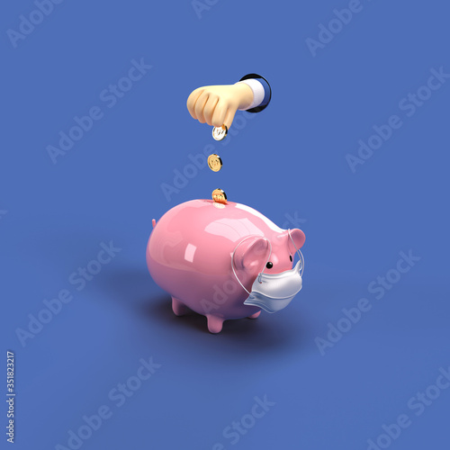 3d illustration of a hand dropping coin in a masked piggybank on blue isolated background top 3-4th view (ID: 351823217)