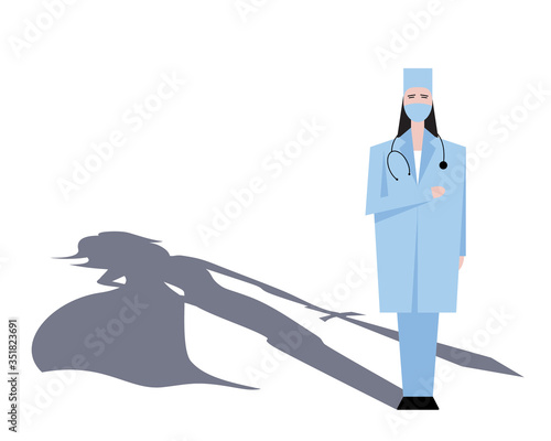 Super woman doctor or nurse. Hospitals superhero fighting for life. Thank you medical personal for work. Vector illustration concept.