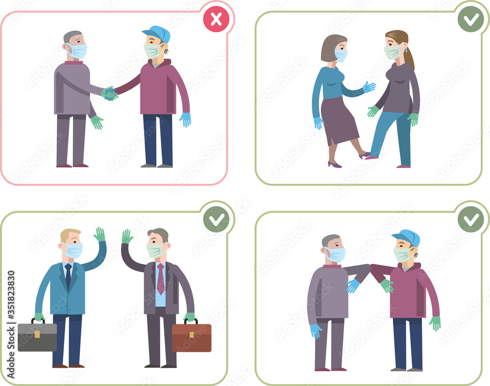 Methods of controlling and preventing infection, virus, coronavirus, flu. Ways of greeting: touching with your feet, elbow to elbow, non-contact. Flat infographic in vector style.