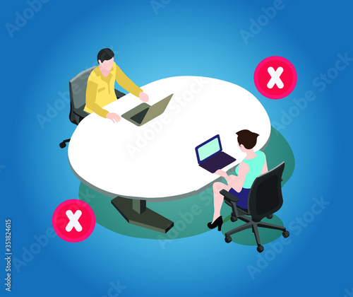 Social distance poster for meeting room. Employees are meeting together in meeting room with maintain social distancing. Covid 19 awareness poster for office conference room.