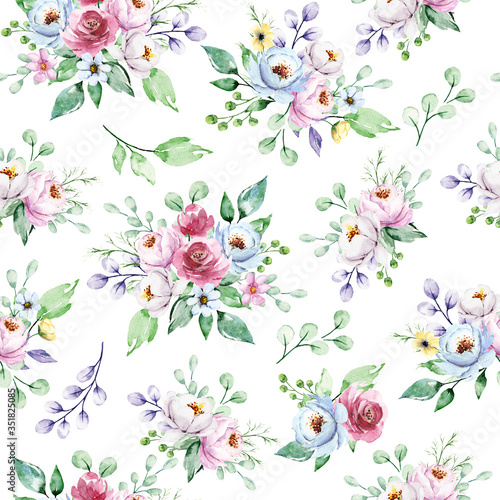 Seamless pattern with watercolor flowers peonies, repeat floral texture, background hand drawing. Perfectly for wrapping paper, wallpaper, fabric and other printing. 