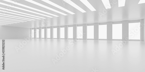 Empty white business office space room loft interior 3d rendering illustration sunny lighting with empty blank copyspace to add your content