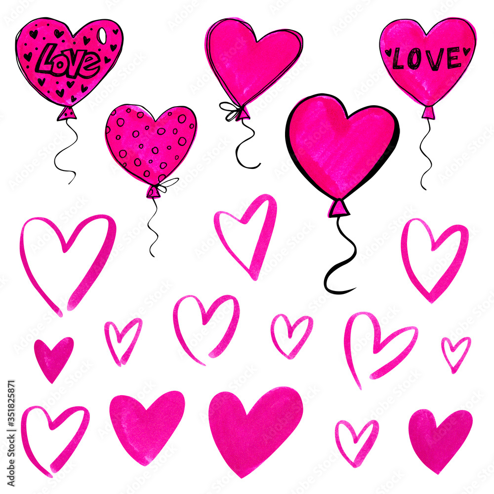 Hand-drawn doodle set of heart-shaped balloons and hearts. Pink elements isolated on white background. Creative art for print, card, banner, poster, scrapbook, wrapping paper.