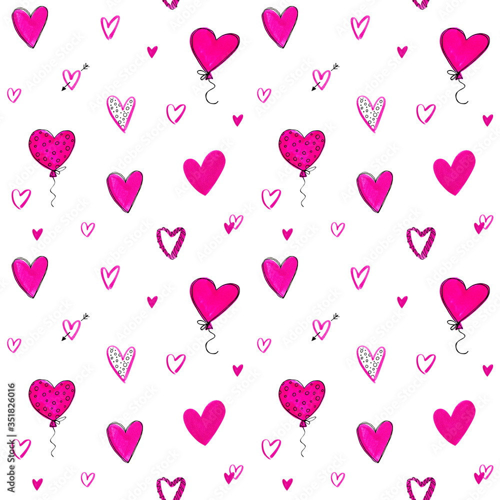 Hand-drawn seamless pattern with pink doodle hearts and heart-shaped balloons. Isolated on white background. Romantic background for wallpapers, textile, prints, gift wrap or scrapbook.