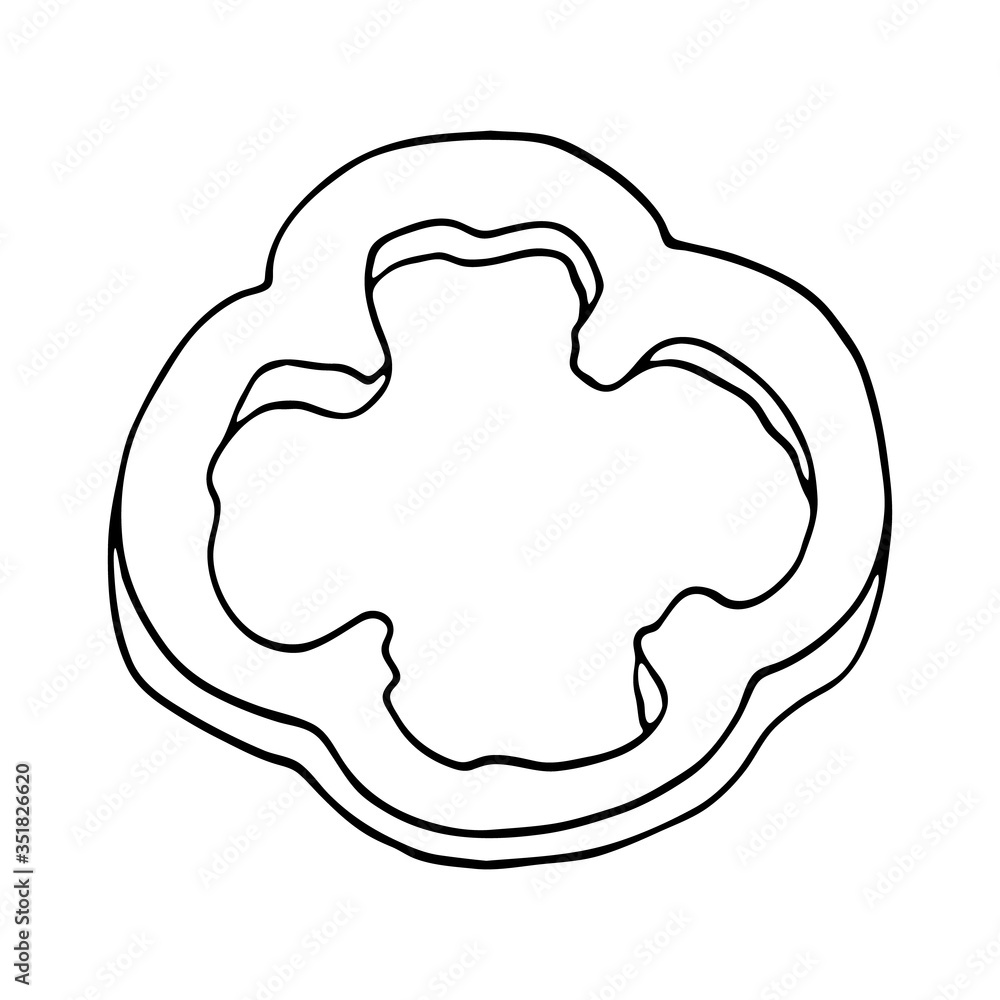 Bell pepper slice outline vector illustration. Hand drawn contour vegetable isolated on white background. Cut capsicum. Tasty ingredient, topping. Vegetarian food doodle sketch drawing. Bell pepper slice outline vector illustration. Hand drawn contour vegetable isolated on white background. Cut capsicum. Tasty ingredient, topping. Vegetarian food doodle sketch drawing.