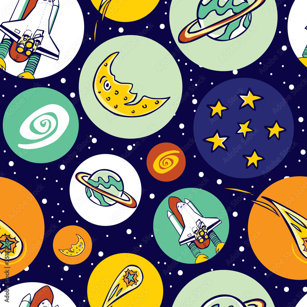 Fototapeta premium Vector colourful space shuttle blast off elements in circles repeat pattern. Great for kids school bags and wrapping paper or fabric.