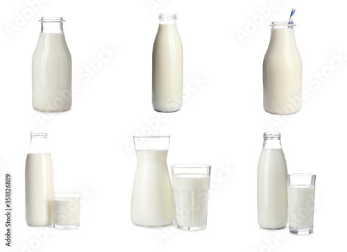 Set with different glassware of fresh milk on white background