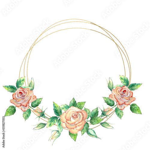 Gold geometric frame decorated with flowers. Peach roses, green leaves, open ...