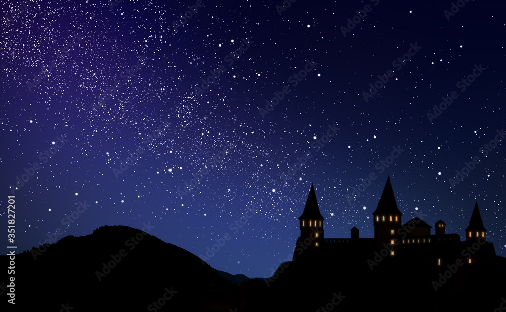 Fairy tale world. Magnificent castle under starry sky at night