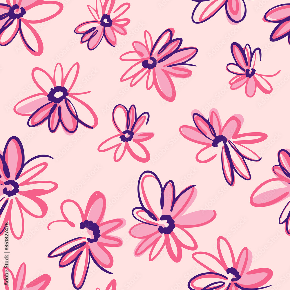 Bright spring nature background. Ditsy seamless pattern made of artistic meadow daisy flowers. Petals and buds. Felt tip pen. Outline flat sketch drawing.