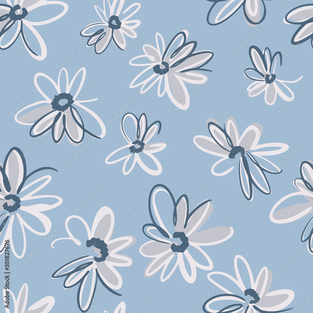 Bright spring nature background. Ditsy seamless pattern made of artistic daisy flowers. Scattered daisies in simple minimalist style. Felt tip pen. Sketch design, outline drawing.