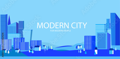 City silhouette and suburb in blue. Heights  trees  workers  homes and office buildings. City between two hills. With space for text. Vector illustration of flat style. Can be banner  header  brochure