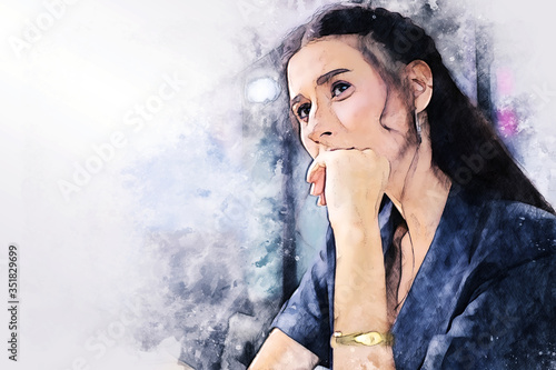 Abstract colorful young business woman smile portrait and thinking at desk on watercolor illustration painting background.