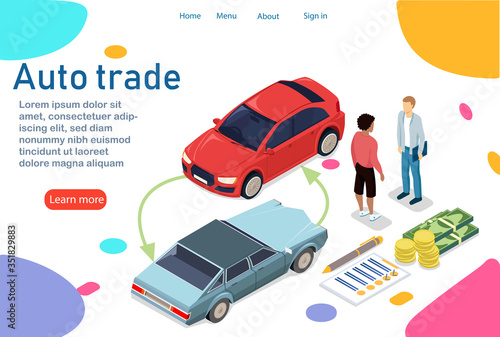 The customer buys a new car. Changes your old car to a new one with a small extra charge. Business relationship between car owner and dealer. Also payment in parts. Vector illustration in 3d isometry