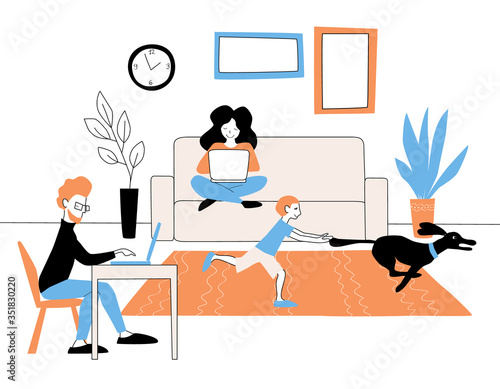 The concept of work from home.  Freelancers are working  with laptops while a child plays with a pet. Family: mom dad baby and dog. Stock vector simple flat illustration isolated on white background.