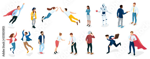 Diverse business people. Emotions and different positions. Workers, hipsters, businessmen and businessmen, programmers, clerks. Bionic robot. Suitable for different workplace situations. 3d Isometric