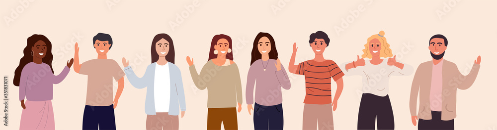 Greetings from friendly people from all over the world. Foreign language, women men greet each other. Flat Vector Illustration Banner Greetings from friendly people from all over the world. Foreign language, women men greet each other. Flat Vector Illustration Banner