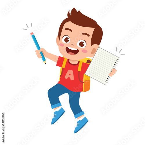 happy cute student kid boy with book and pencil