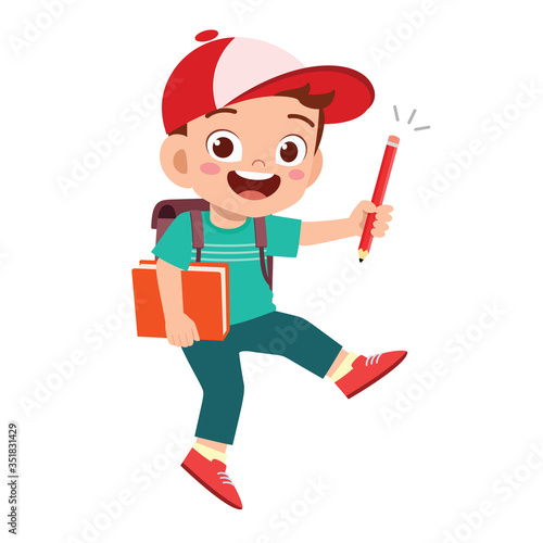 happy cute student kid boy with book and pencil