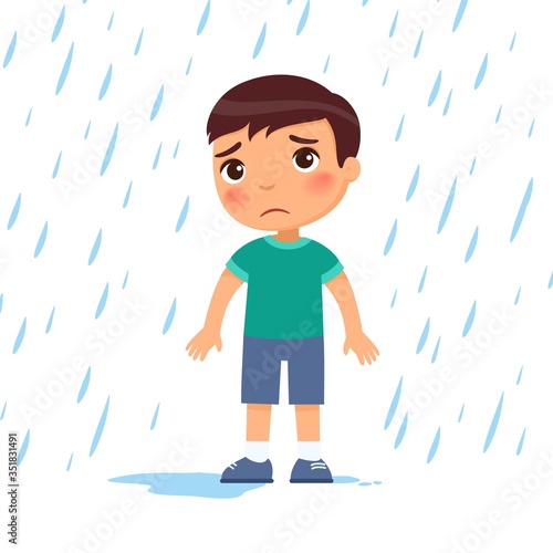Unhappy boy under rain flat vector illustration. Sad preteen child in bad rainy weather. Caucasian kid with dark hair getting wet under downpour. Isolated cartoon character on white background