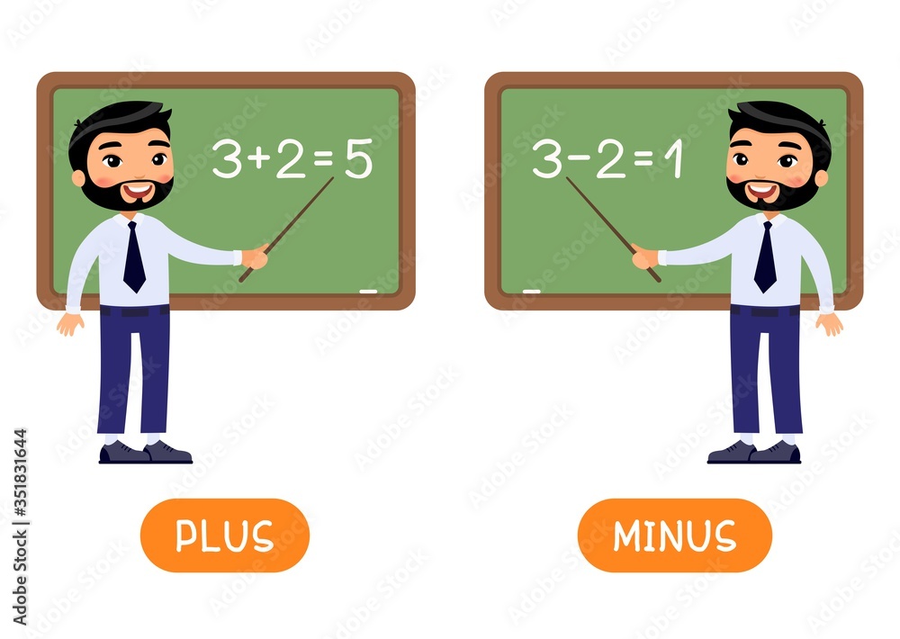 Educational word card with opposites. PLUS ans MINUS. Flash card for English studying. Antonyms concept, easy and difficult. Asian teacher man near chalkboard flat illustration with typography Educational word card with opposites. PLUS ans MINUS. Flash card for English studying. Antonyms concept, easy and difficult. Asian teacher man near chalkboard flat illustration with typography