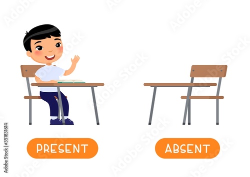 Absent and present antonyms word card vector template. Flashcard for english language learning. Opposites concept. Asian little boy sits at a school desk, absents at school. 
