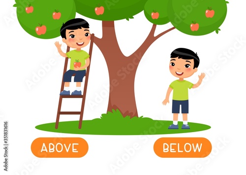 Above and below antonyms word card vector template. Flashcard for english language learning. Opposites concept. Asian little boy sitting on ladder, standing under tree illustration 