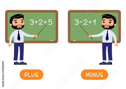 Educational word card with opposites. PLUS ans MINUS. Flash card for English studying. Antonyms concept, easy and difficult. Asian  teacher man near chalkboard flat illustration with typography