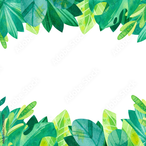 Empty square frame with jungle  leaves hand drawn illustration. Tropical exotic leaves border watercolor drawing.  Blank  frame with greens isolated on white background