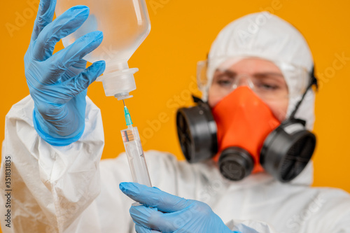 A girl in a protective suit...