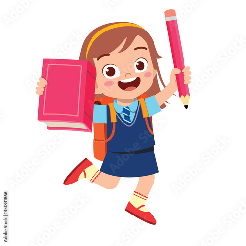 happy cute student kid girl with book and pencil