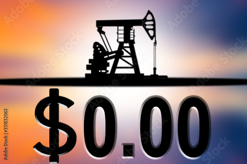An oil rig and the price is zero dollars. Crisis in the oil market. Critical drop in oil prices. Depreciation of natural resources. The collapse of the fuel market.
