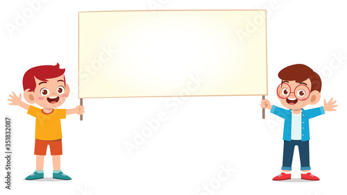 happy cute kid boy and girl holding blank banner