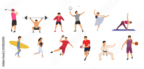 Collection sport people on a white background. Concept, tennis, yoga, karate, basketball, rugby, handball, ballerine, goalkiper, surfing, jogging, gym. Flat cartoon Vector Illustration. Isolated