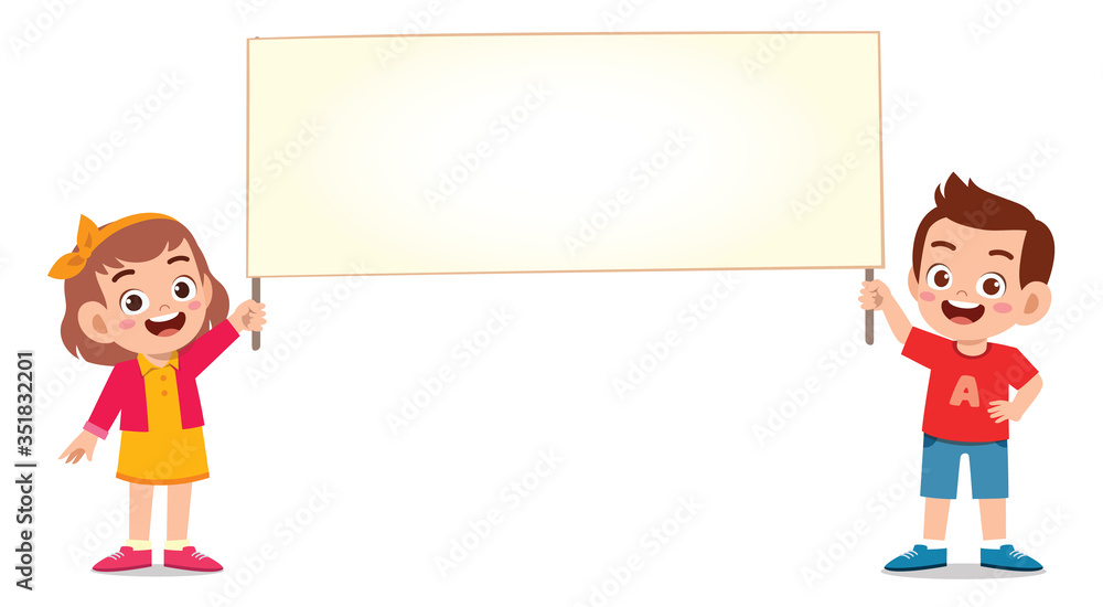 happy cute kid boy and girl holding blank banner happy cute kid boy and girl holding blank banner