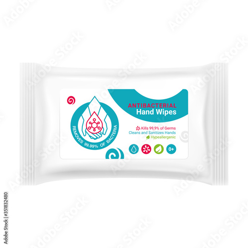 Label design for packaging of antibacterial hand wipes, sticker design for protection products against coronavirus infections and viruses, hand protection emblem against covid-19, mockup vector	