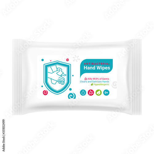 Label design for packaging of antibacterial hand wipes, sticker design for protection products against coronavirus infections and viruses, hand protection emblem against covid-19, mockup vector	