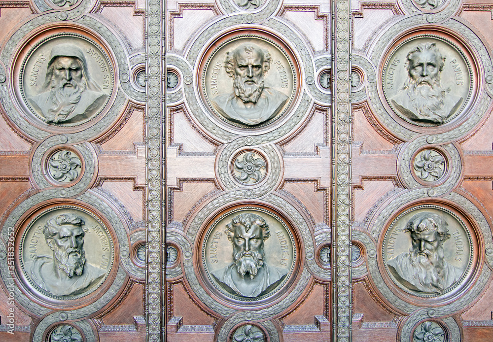 Six of the twelve apostles on the St. Stephens Basilica door. Budapest, Hungary.