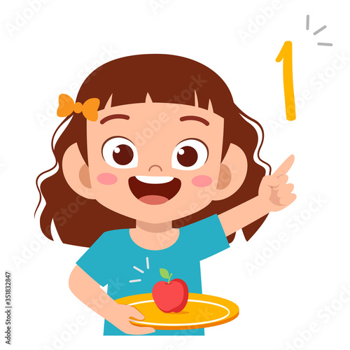 cute little kid study math number count apple