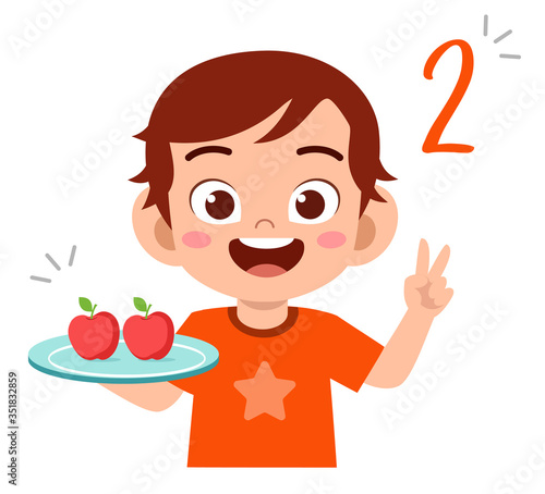 cute little kid study math number count apple