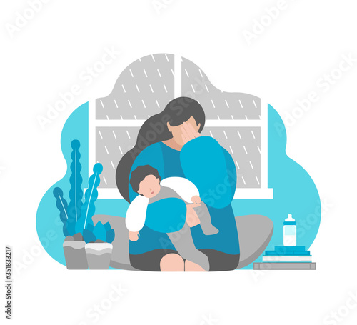 Vector flat concept. Tired crying mother with little baby on hands. Postpartum depression, emotional stress and anxiety in isolation at home. Problem of maternity to keep calm and mental health