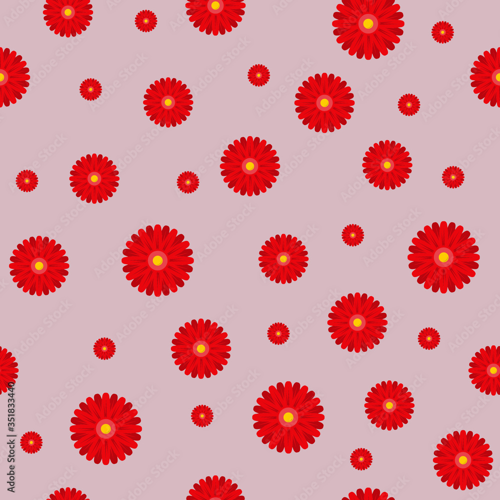 Red gerbera flowers of different sizes, one and several pieces on a lilac background. Floral seamless pattern. Vector illustration Red gerbera flowers of different sizes, one and several pieces on a lilac background. Floral seamless pattern. Vector illustration