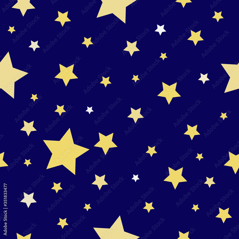 Stars of different sizes: a small star, a large star of light yellow and yellow color on a dark blue background. Seamless pattern. Vector illustration Stars of different sizes: a small star, a large star of light yellow and yellow color on a dark blue background. Seamless pattern. Vector illustration