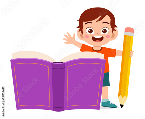 happy cute little kid boy with book and pencil